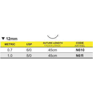 Sutur, Neosorb, 5-0, 12 mm, omvänt skärande, 45 cm. N611
