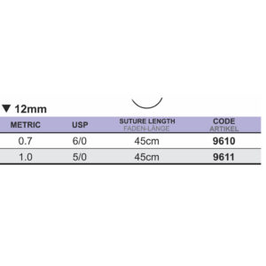 Sutur, PGA, 6-0, 12 mm, omvänt skärande, 75 cm. 9610